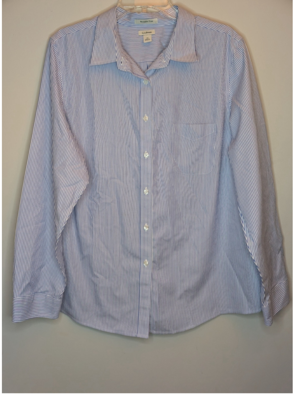 Women's L.L.Bean Button Down Shirt 1X Blue White Striped Wrinkle Free